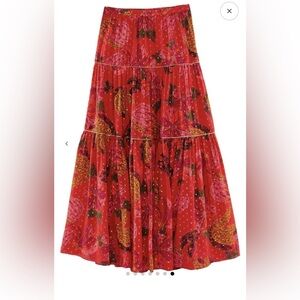 Farm Rio banana flowers Red Floral Tiered Maxi Skirt with Gold Accents - XS NWT